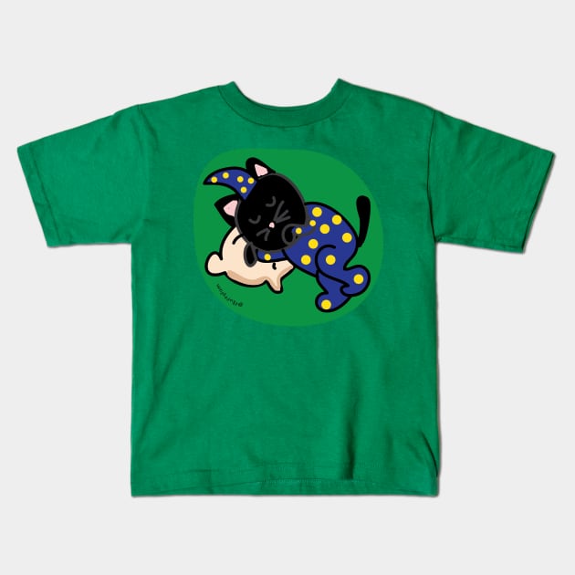 Black cat sleeping in blue pajama Kids T-Shirt by 4wardlabel